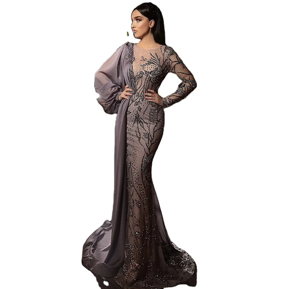 

2021 Grey Classic O Neck Mermaid Beaded Evening Dresses Serene Hill LA71066 Elegant Formal Party Long Gowns For Women Wear