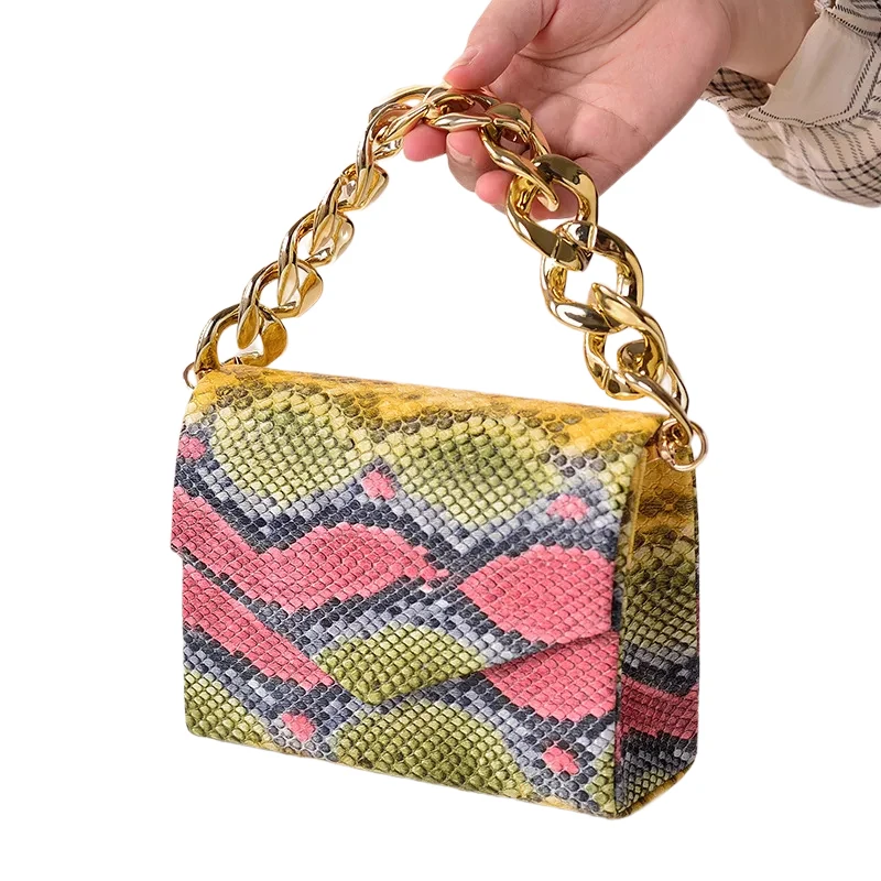 

Custom Ladies Thick Chain Shoulder Messenger Bags Female Snakeskin Purse Handbag, Red, green, blue, gray, purple, yellow