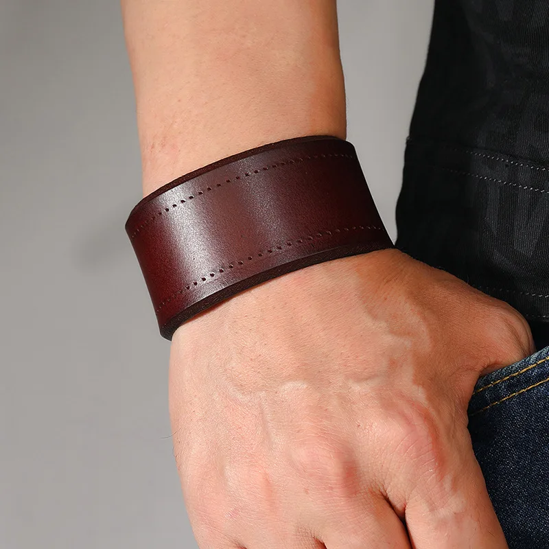 

2023 Punk Simple Jewelry Men Plain Brown Black Leather Buckle Width Bracelet