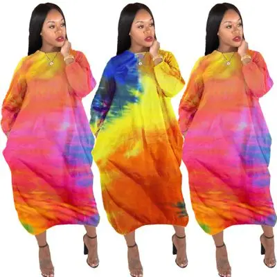 

plus size dresses 2021 long sleeve dress spring casual dresses tie dye sexy plus size clothes 4XL, As picture or customized make