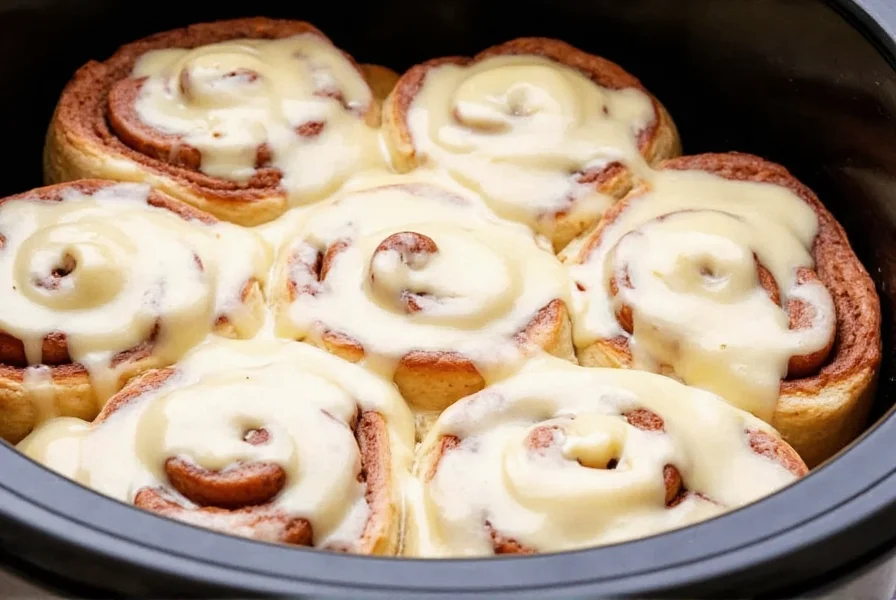 Perfectly cooked crock pot cinnamon rolls with cream cheese icing drizzled on top