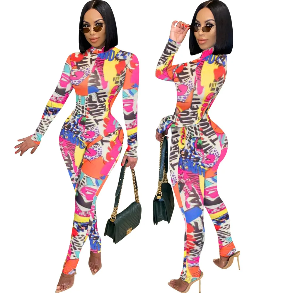 

2021 New Arrivals Fashion Women Casual Stand Neck Long Sleeve Back Zipper Slim Pants Scrawl Pattern Letter Print Jumpsuit, Picture show