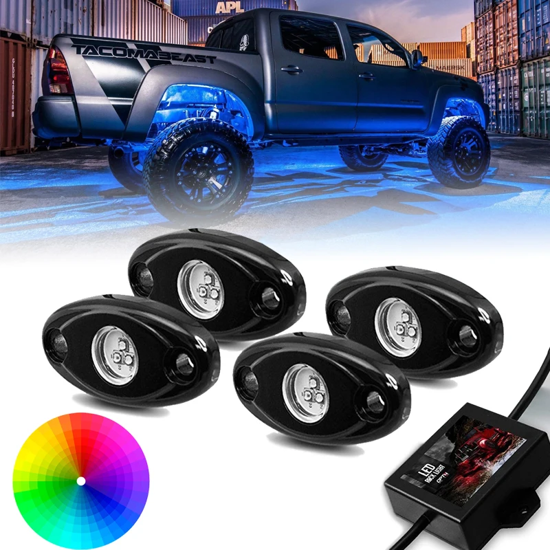 

4 Pods LED RGB Rock Light Multi-color Neon Light Kit with Upgraded APP Controller Sync Music for Jeep Offrod Truck 4x4 Pickup