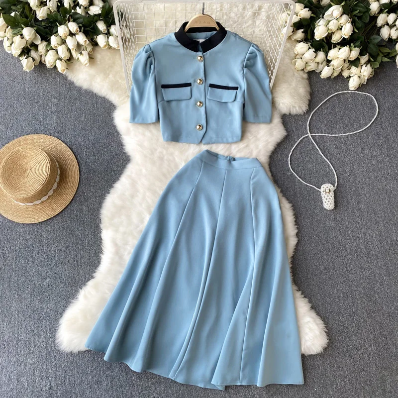 Wholesale 2023 Summer New Chinese Standing Collar Contrast Short Top A-line Pleated Half Skirt Women's Set