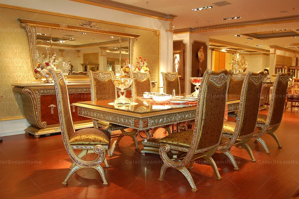 French Dining Room Furniture Luxury Golden Wooden Dining Table Set 8