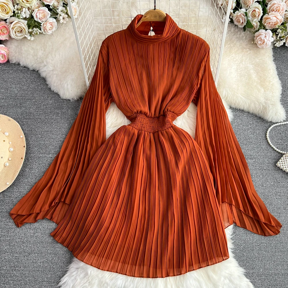 Spring Autumn Flare Long Sleeve Standing Neck Waisted A-line Women Chiffon Pleated Casual Dresses