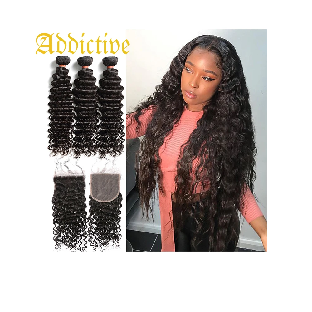 

Addictive Hot sale 28 30 inch Deep Wave Bundles With Closure Peruvian Remy Human Hair Weaves Water Curly and 4X4 Lace Closure