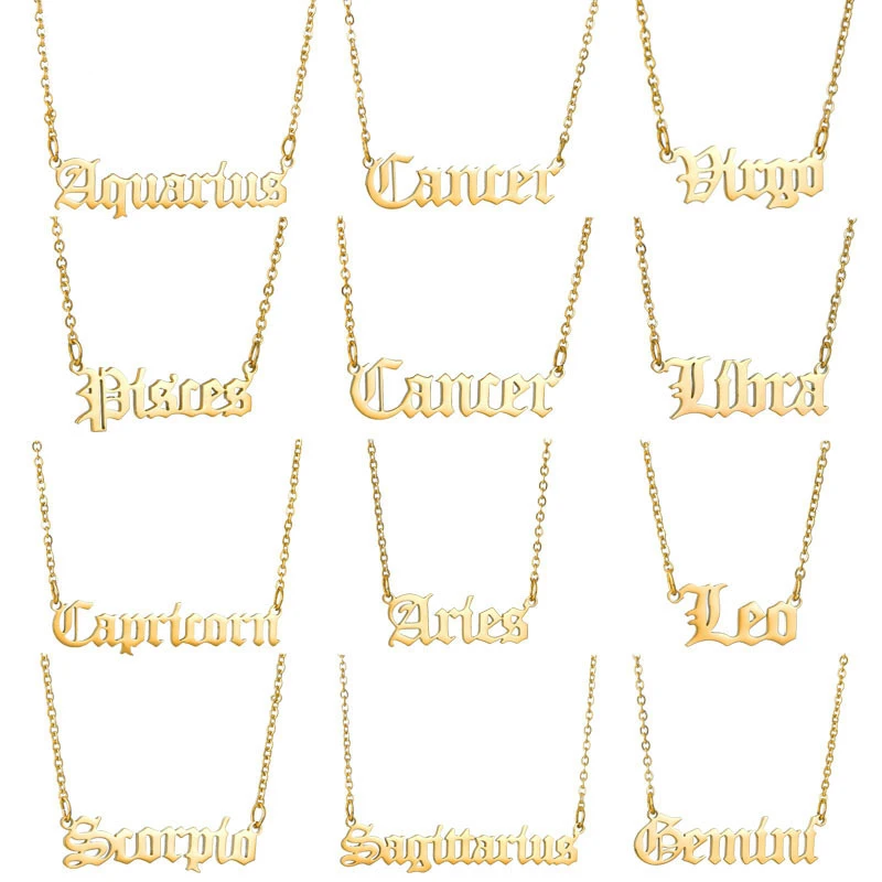 

Wholesale Custom 12 Astrology Horoscope Star Jewelry 18K Gold Plated Stainless Steel Zodiac Sign Pendant Necklace, As picture