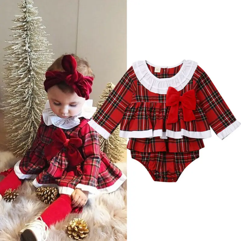 

Xmas Newborn Baby Girl Clothes Plaid Bowknot Romper Long Sleeve One-Piece Jumpsuit Overall Outfits Christmas Gifts, As picture