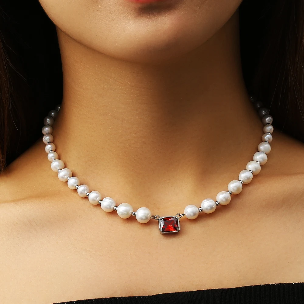 

Luxury Stainless Steel Adjustable Women Choker Pearl Chain Necklace Jewellry Freshwater Pearl Beads Necklace with Red Gemstone