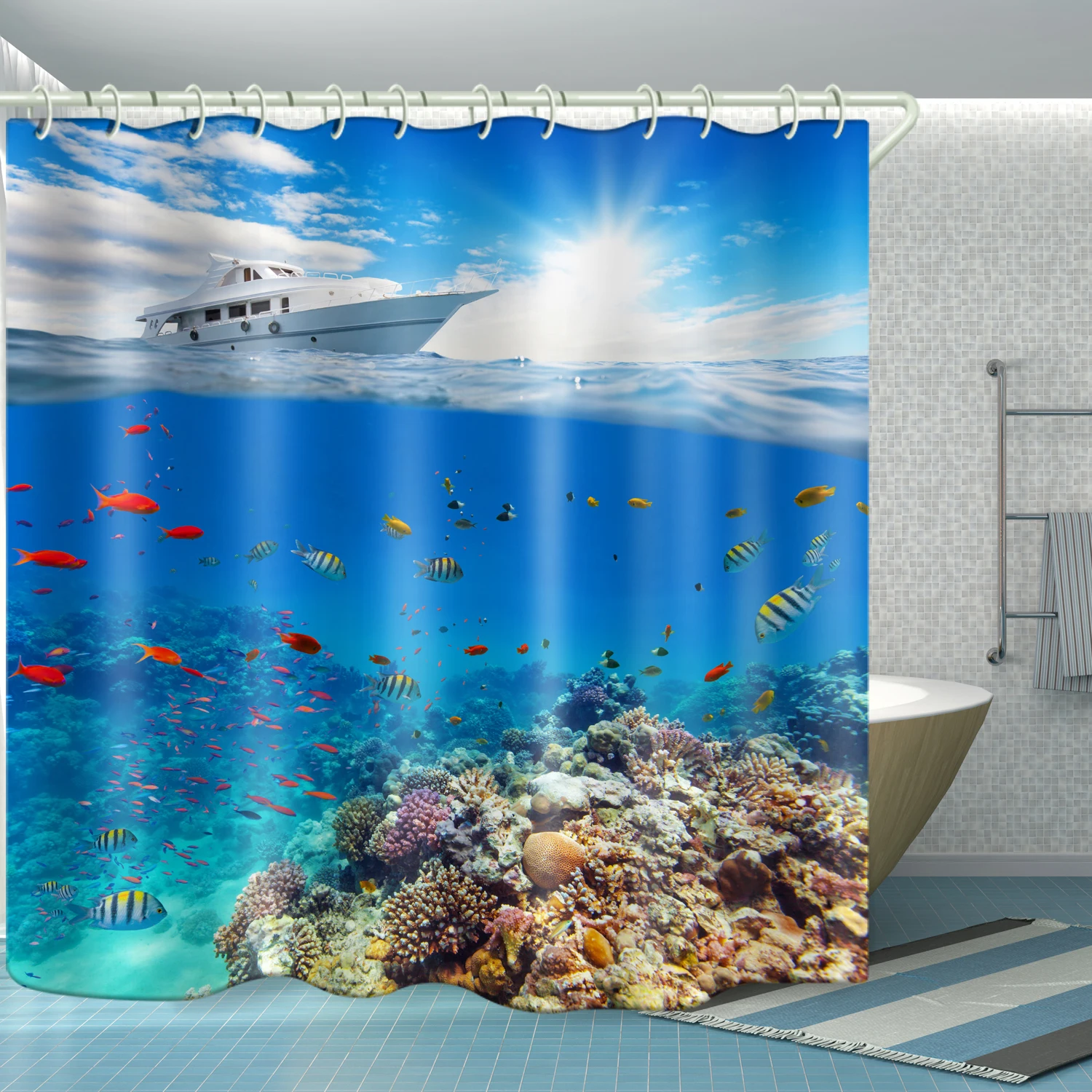 

183 x 183cm waterproof cloth lining cover bathtub bathroom curtain underwater world yacht customizable printing shower curtain, Picture