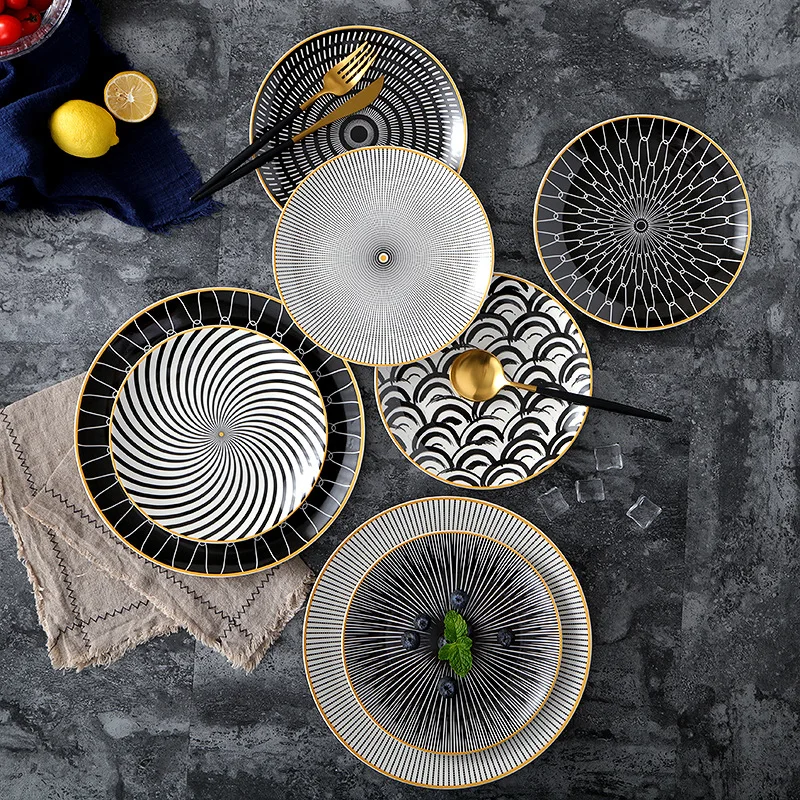 

Mfashion Cheap porcelain ceramic geometric patterns dinner plates sets gold rim dinnerware sets charger plates, Mix