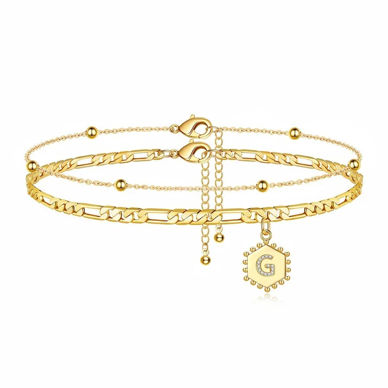 

Initial Gold Plates Layered Foot Double Chian Zircon Cuban Link Anklets With Letter for Women