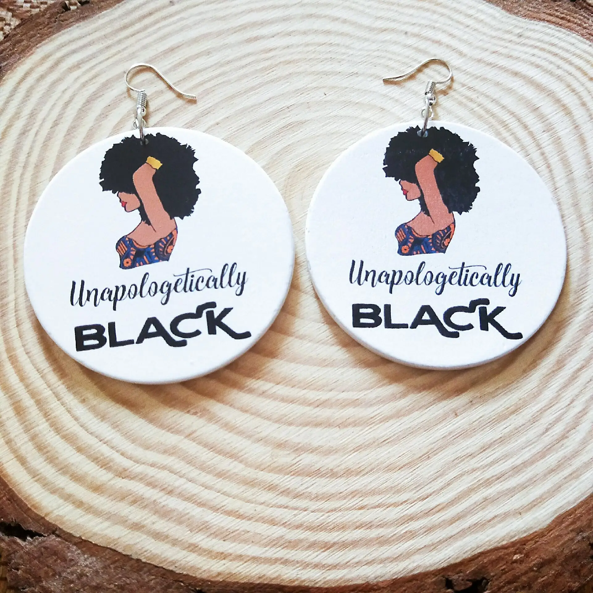 

Bohemia Jewelry Christmas Gifts Black Girl Wood Drop Earrings White Round Women Hair Printed Earring For Ladies