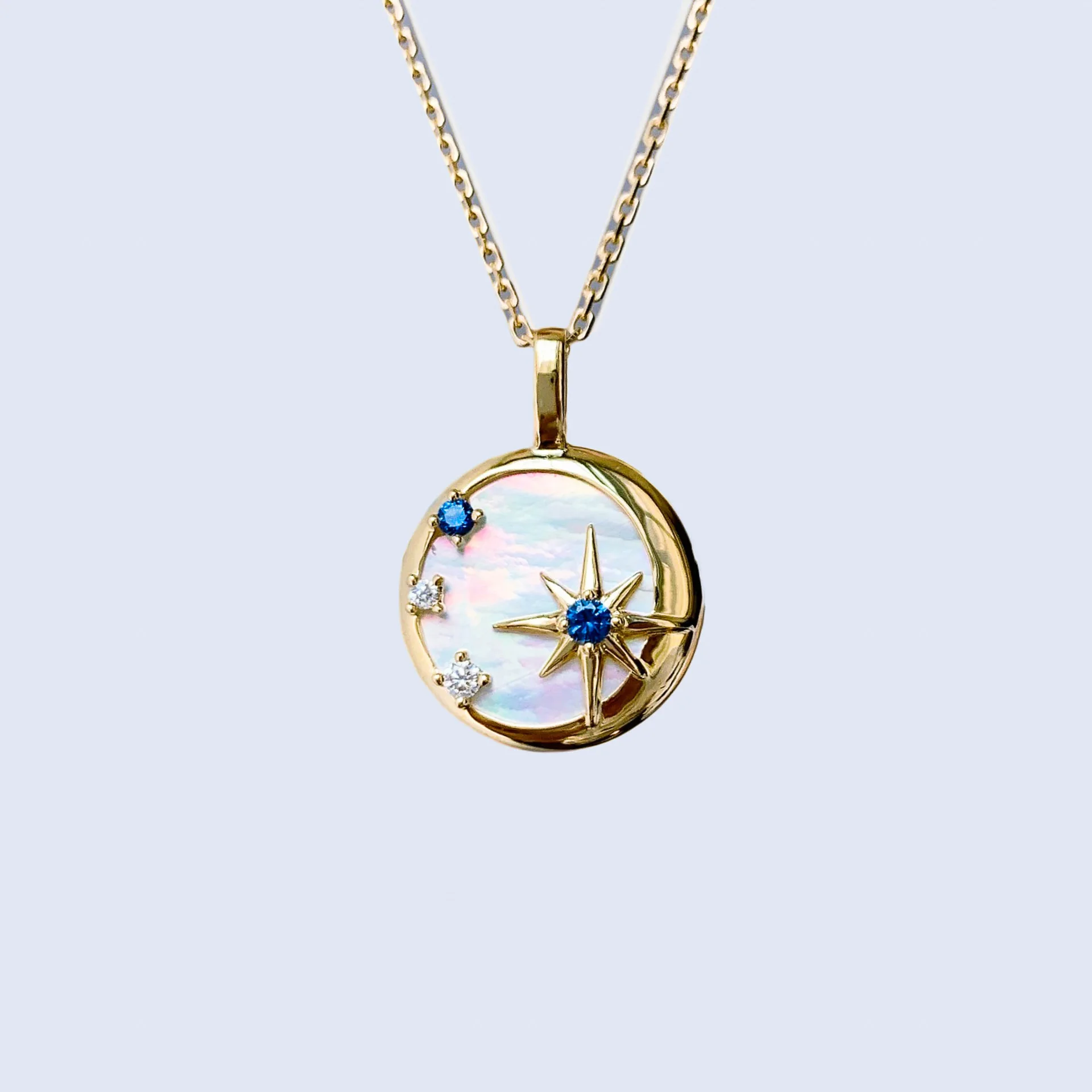 Unique 925 Sterling Silver Blue Sapphire Necklace 14k Gold Plated Star In Space Mother of Pearl Necklace