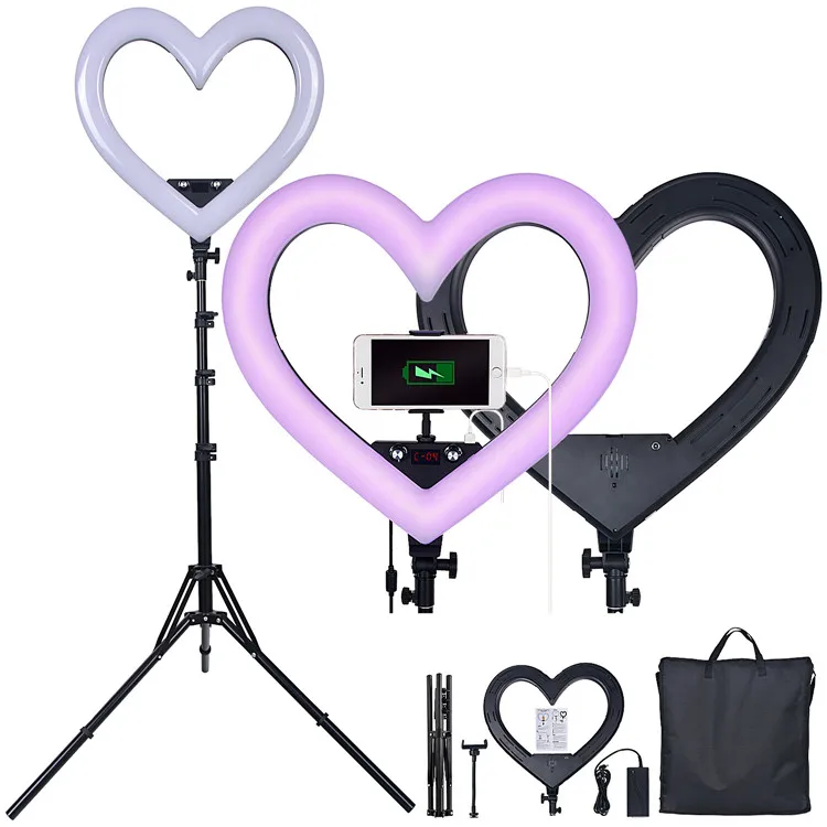 

19 inch 220V Photography Lighting heart shape ringlight pink Dimmable LED Selfie Ring Light with tripod For Live