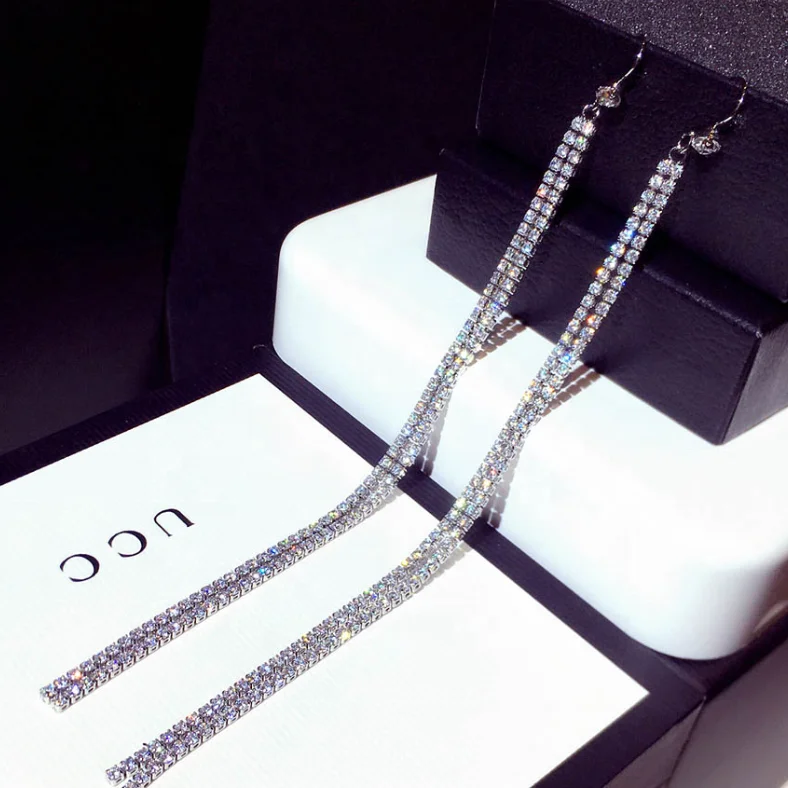 

New Arrival Fashion Designer 925Sterling Silver Needle Long Earrings Rhinestone Dangle Tassel Stud Earrings Jewelry WomenE002447