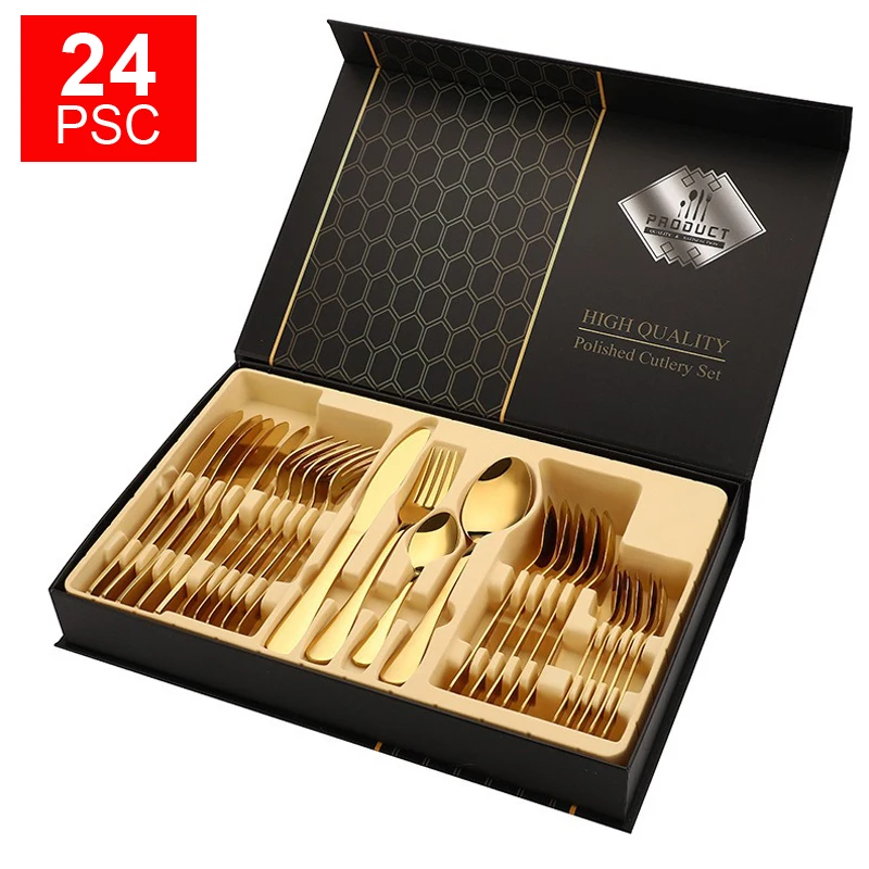 

Hot sale knife spoon fork set gold cutlery 24pcs stainless steel flatware sets cutlery set for wedding