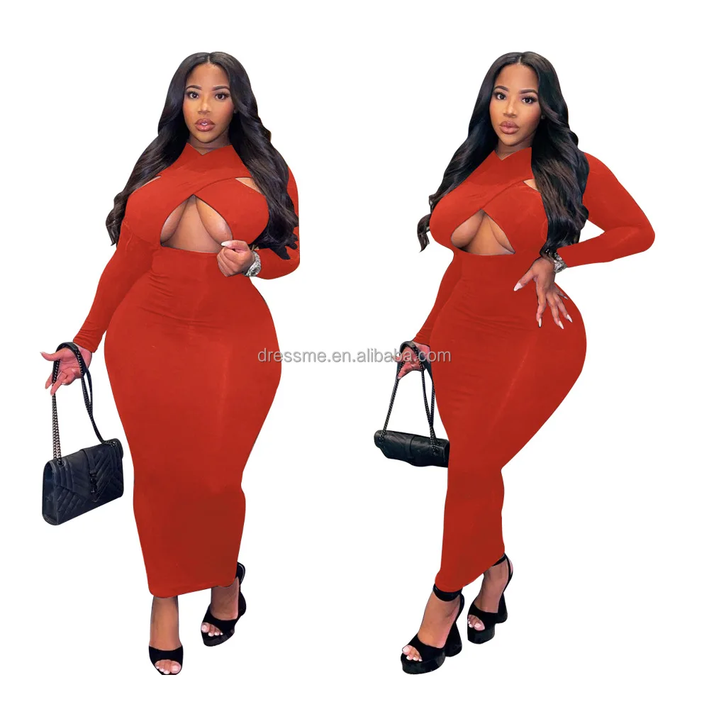 

MT327--1011 Hollow Out Club Maxi Dress Ladies Casual Fashion Long Sleeve 4XL Plus Size Woman Casual Dresses Fall 2021