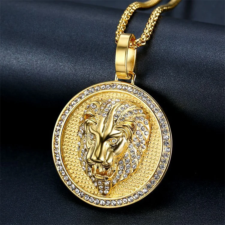 

HipHop lion head stainless steel necklace zircon stone 18k gold plated round pendant necklace