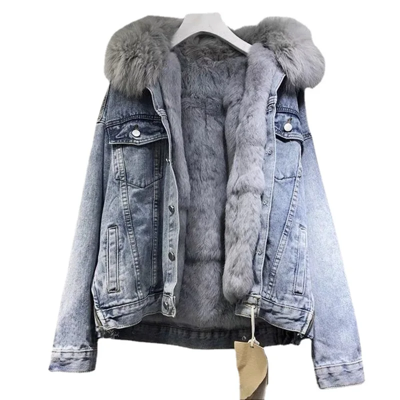 

Autumn Winter New Fashion Fur Jean Jacket Denim Jacket Fur Lining Vintage Casual Jacket For Women