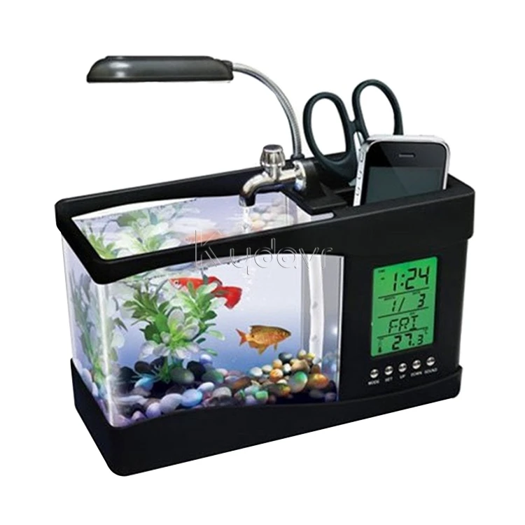 

Acrylic Desktop Aquarium Mini Fish Tank with Running Water LCD Time Clock Alarm Colorful LED Lamp Light Calendar Holds for Home, Black/white