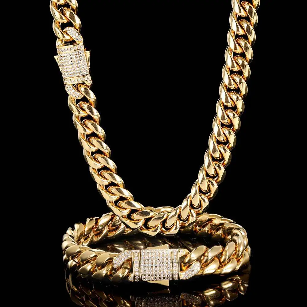 

Custom 10MM 12MM Big Width 18K Gold Plated Stainless Steel Cuban Link Choker Necklace Chain