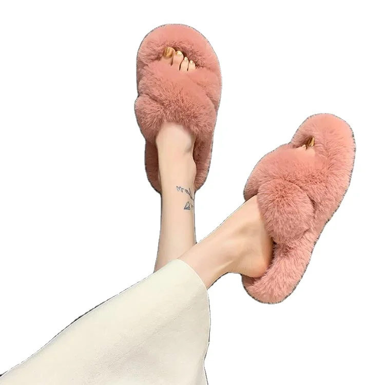

Fall/winter 2021 new fur slippers for women wearing fashion cute lazy cross flat peep-toe plush slippers, Picture