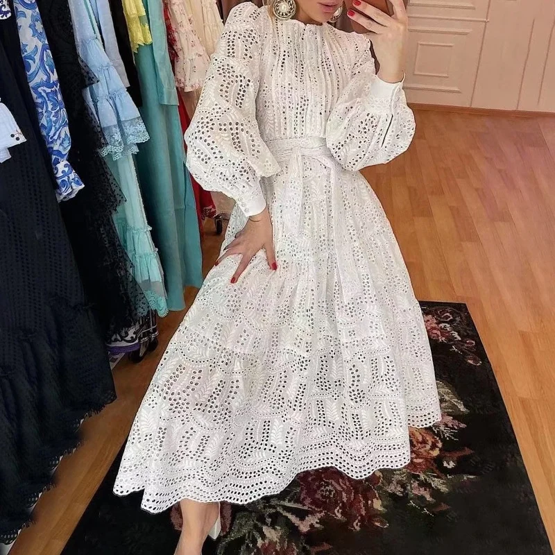 

Spring Other Regional Clothing Woman Dresses Formal 2022 Hollow Out Round Neck Long Sleeve Hot Pink Elegant Party Maxi Dress