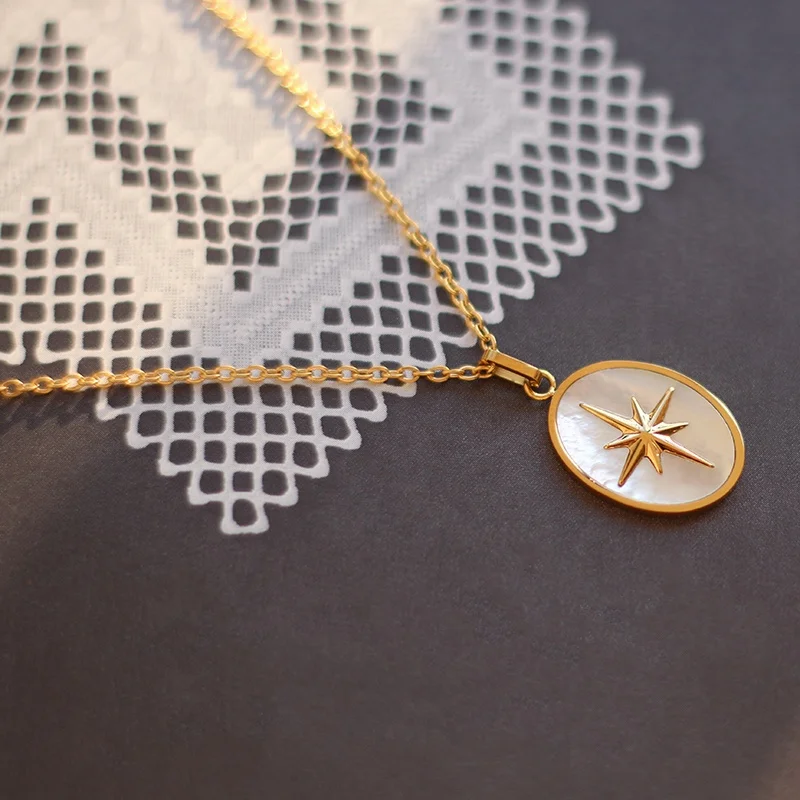 

18k Pvd Gold Plated Necklace Pendant Oval Link Chain Necklace Mother Of Pearl Sea Star Necklace, Gold/silver/rose gold