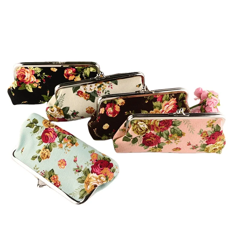 

Beauty Floral Long Rose Canvas Coin Purse Cute Change Pouch Small Coin Bag Vintage