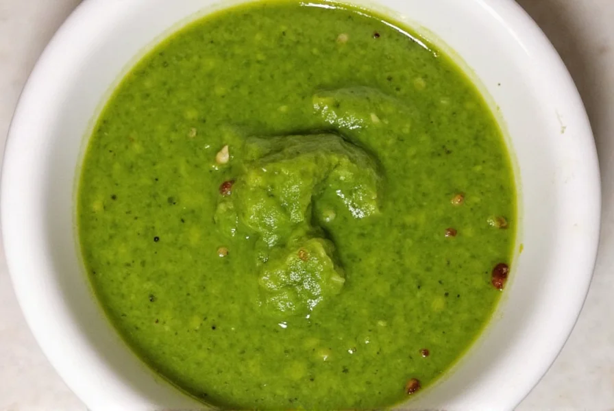 Freshly prepared coriander chutney in a traditional Indian grinding stone