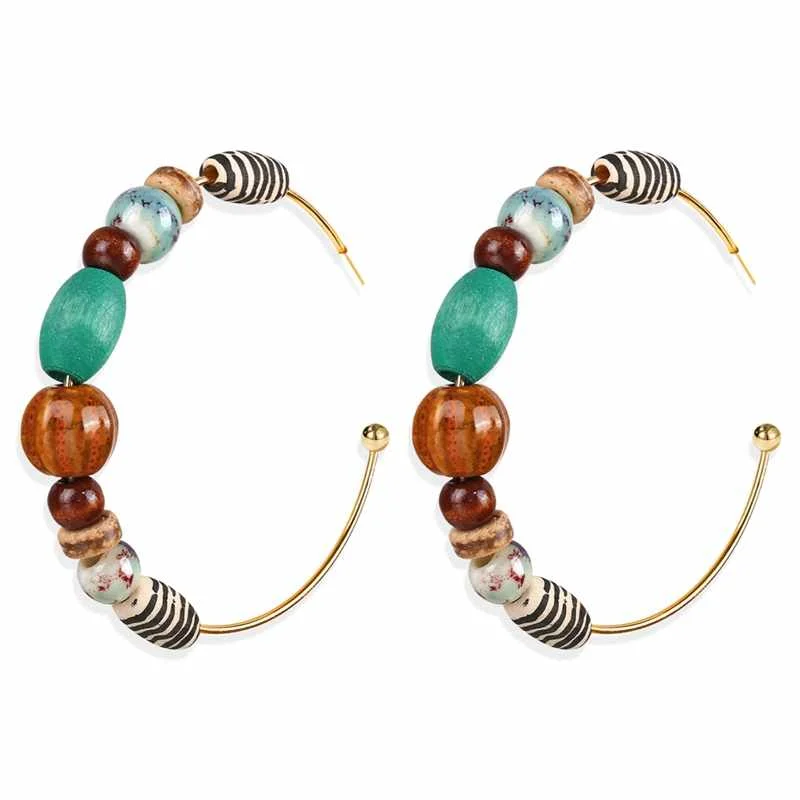 

Factory Wholesale Bohemian Colorful Wood Beaded Open Big Hoop Earrings for Women Jewelry, Gold plated