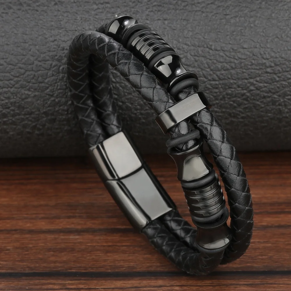 

Magnetic Titanium Leather Weave Stainless Steel Bracelets for men 2021 handmade black bracelet