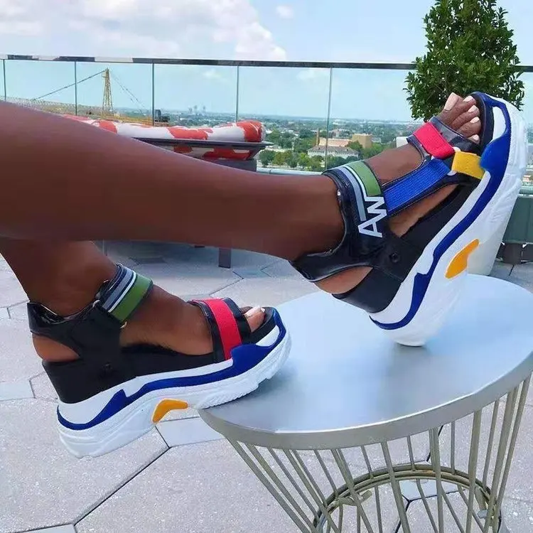 

Hook and loop wedge heel women shoes summer fashion increased height platform open toe patchwork lady ankle strap sandals