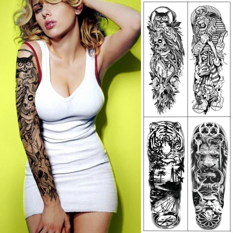 

Large Arm Sleeve Tattoo Owl Rose Waterproof Temporary Tatoo Sticker Wild Wolf Tiger Men Full Skull Totem Tatto