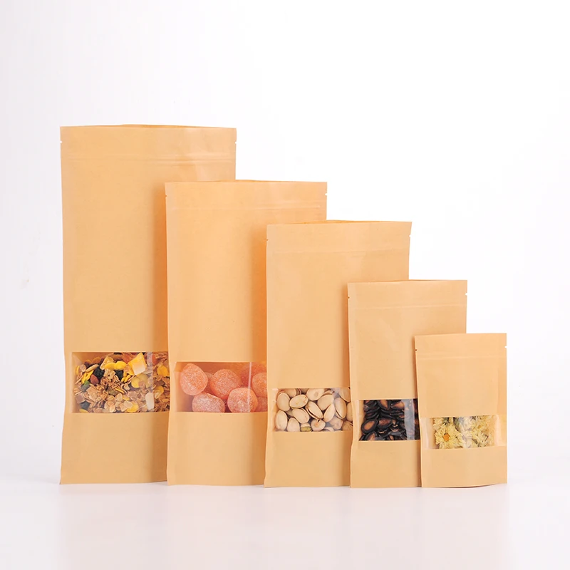 
Custom Stand Up clear window zipper kraft paper plastic pouch bag for coffee packing 