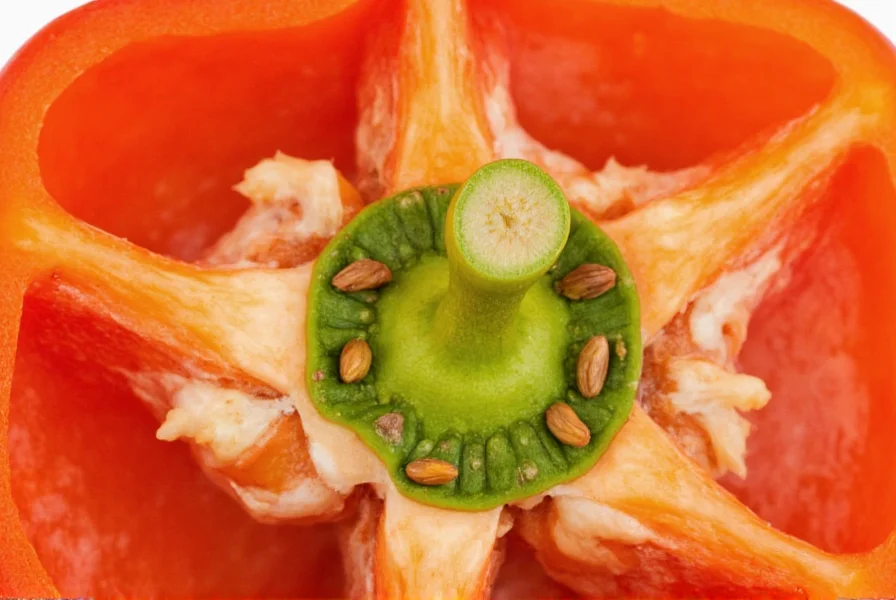 Close-up view of bell pepper cross-section showing seeds and flesh structure