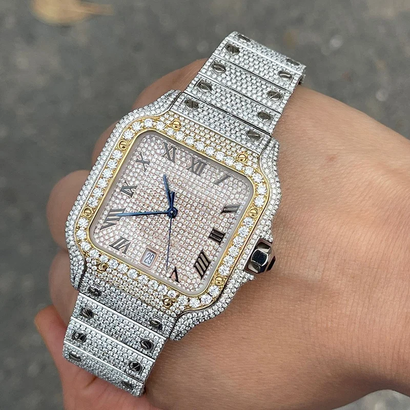 

Stylish Custom Luxury Stainelss Steel Watch Men Hip Hop Bling Iced Out Moissanite Watch Bust Down