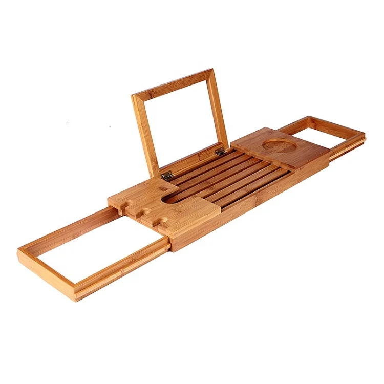 

Amazon Hot Sale Multi Function Bamboo Luxury Bathtub Bath Caddy Tray With Extending Sides, Natural bamboo color