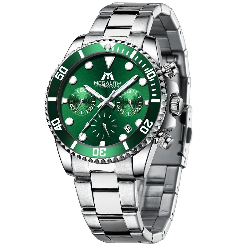 

MEGALITH Hot Sale Calendar Alloy Green Case Watch Silver band waterproof luminous casual Men Quartz Wristwatch Reloj de dama