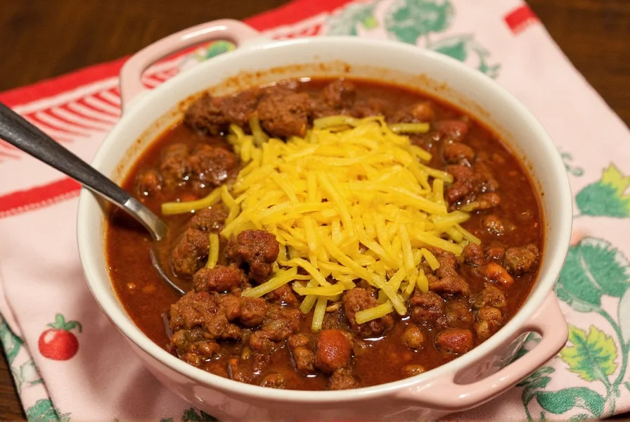 Finished chili made with steak served with toppings