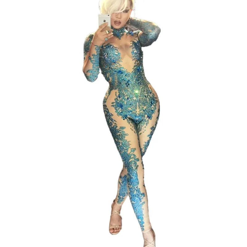 

Fashion Stretch Blue Crystal Playsuit Women Pole Dance Leotard Nightclub Prom Jumpsuit Festival Stage Costume Performance Outfit