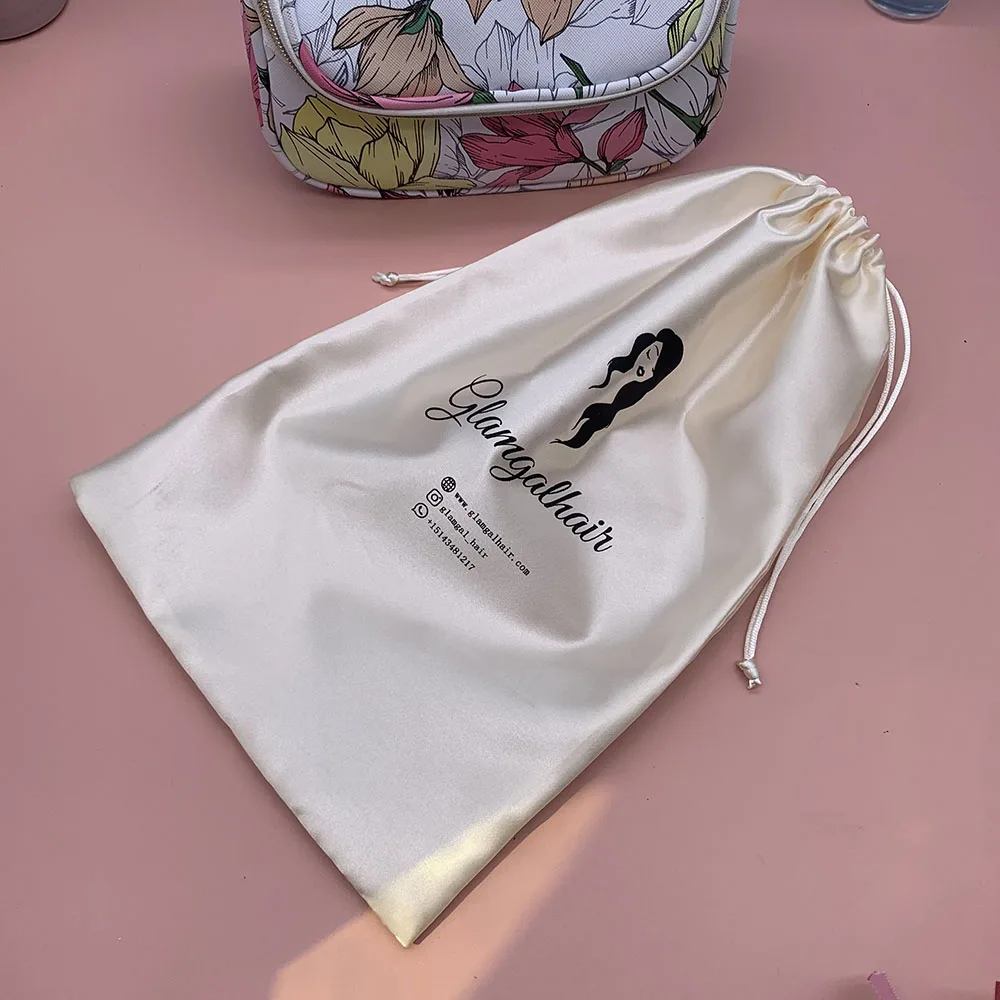 

Beige Custom Size Drawstring Satin Hair Extension Packaging Bags with Tassels