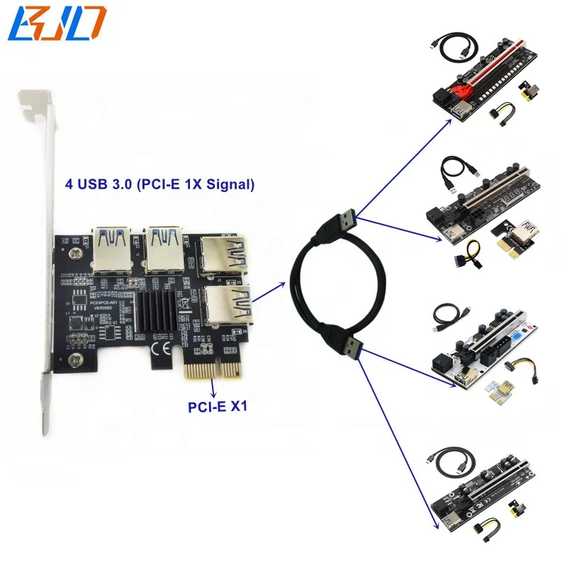 

4 USB 3.0 (PCI-E Signal) to PCIe PCI-E 1X Expansion Adapter Card for GPU Graphics Card Riser in stock
