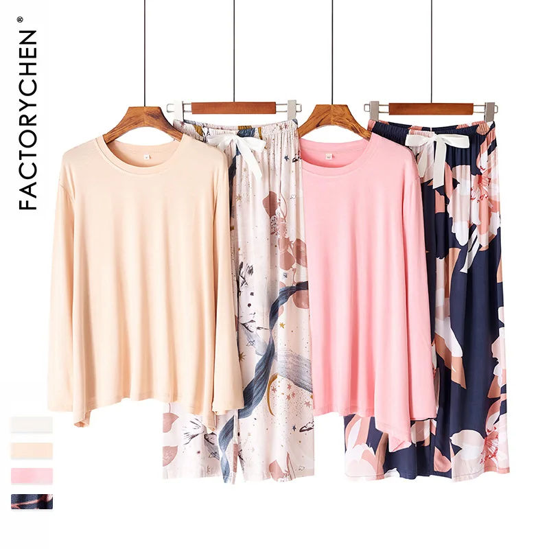 

High quality cheap women's long sleeve T-shirt 100% Modal cotton T-shirt cotton pajamas wrap wide leg pants for home wear