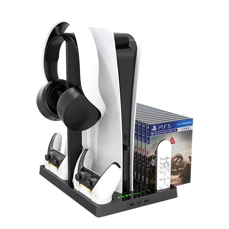 

Vertical Cooling Fans Stand with CD Case For PlayStation 5 Ps5 Game Console With Dual Charger Dock Headphone Holder For PS VR