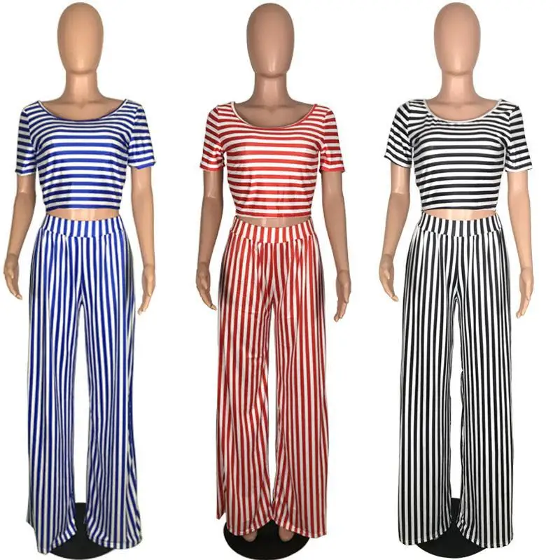 H5001 Casual Colorful stripe pattern crop top short sleeve straight-leg pants women two-piece sets 2020