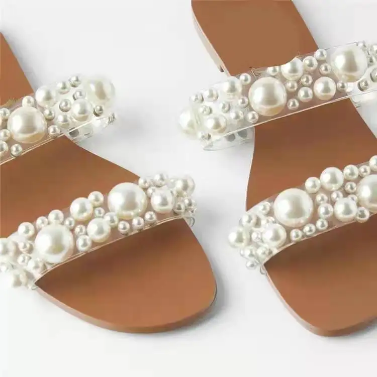 

2021 New Bohemian sheer plus-size slippers Fairy Flat Pearl Sandal with a single strap for ladies