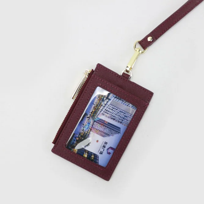 

custom zipper badge saffiano genuine leather name id card holder with lanyard, Black ,burgundy , nude or custom